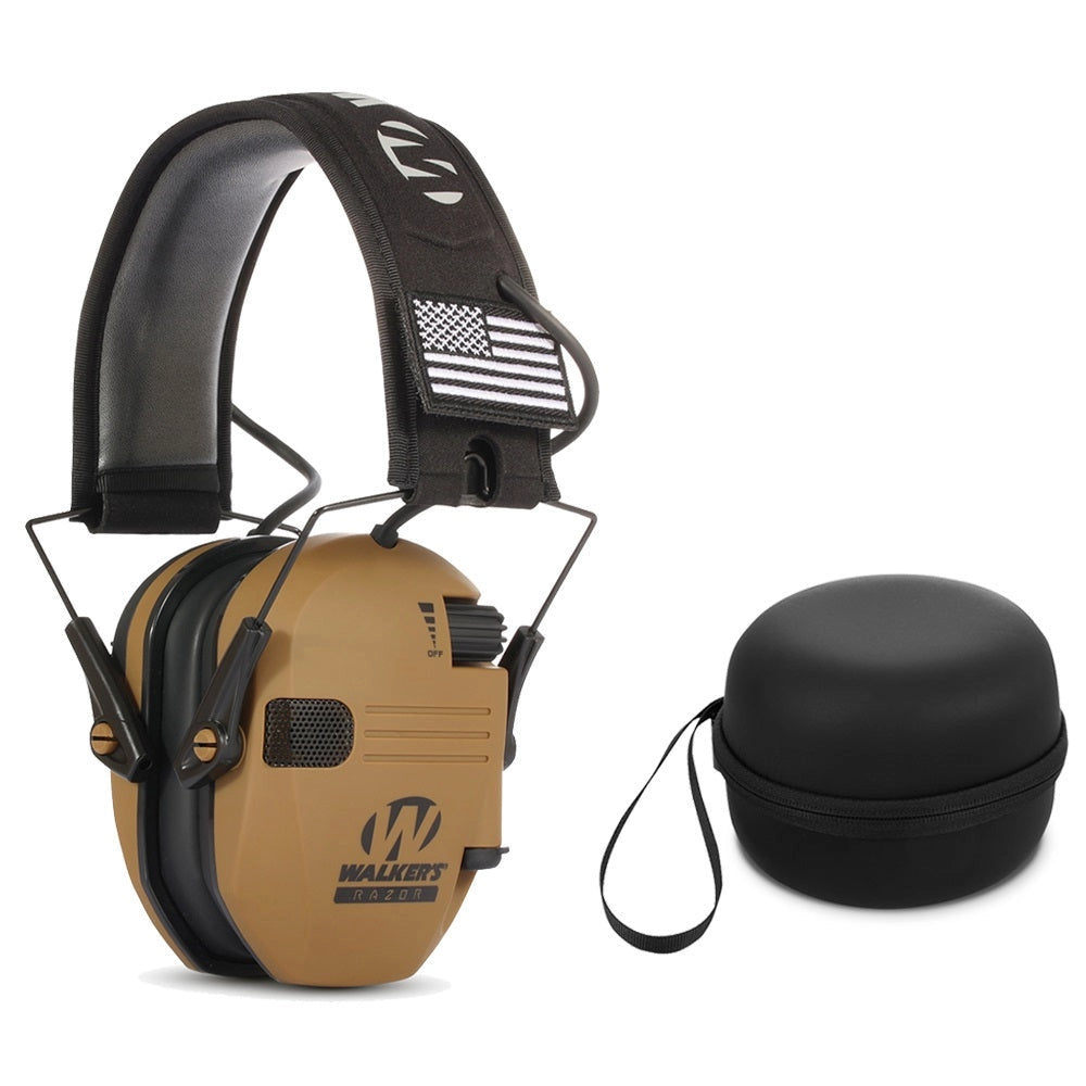 Khaki-colored electronic noise-canceling earmuffs with adjustable headband, designed for tactical shooting and military use, shown with a matching protective case.