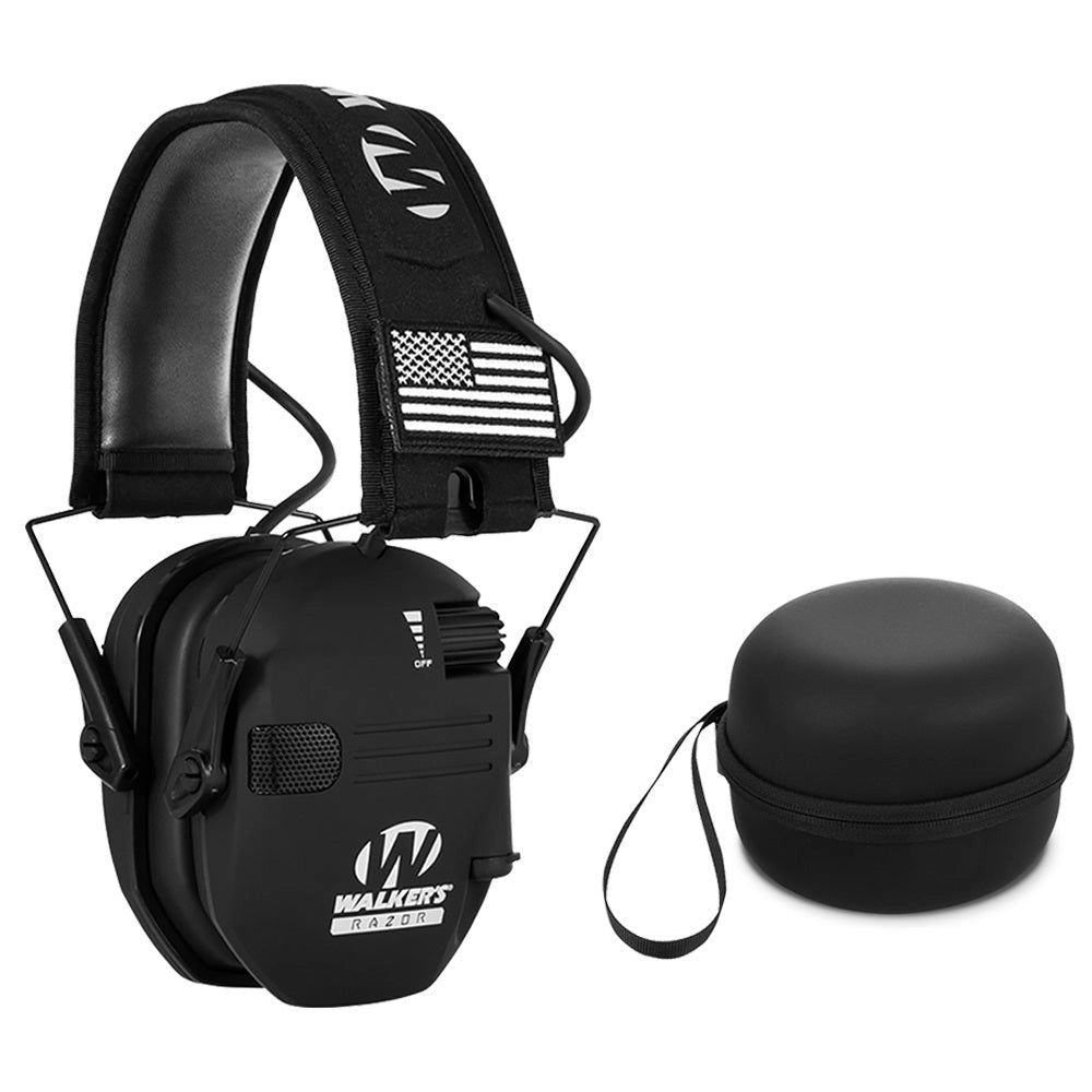 Black military-grade electronic noise-canceling earmuffs for tactical shooting, adjustable, with carrying case.