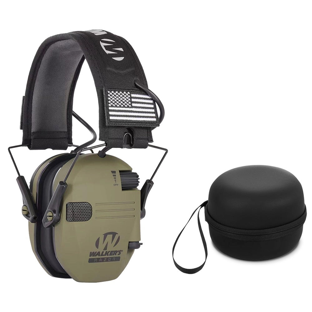 Green military-grade electronic noise-canceling earmuffs with adjustable headband, shown with accompanying protective case.