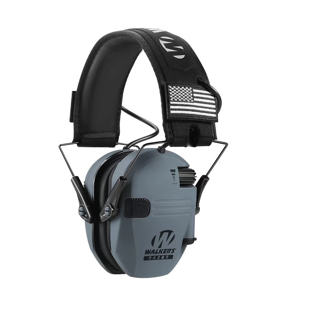 Gray electronic noise-canceling earmuffs for tactical shooting, military grade, adjustable without case.