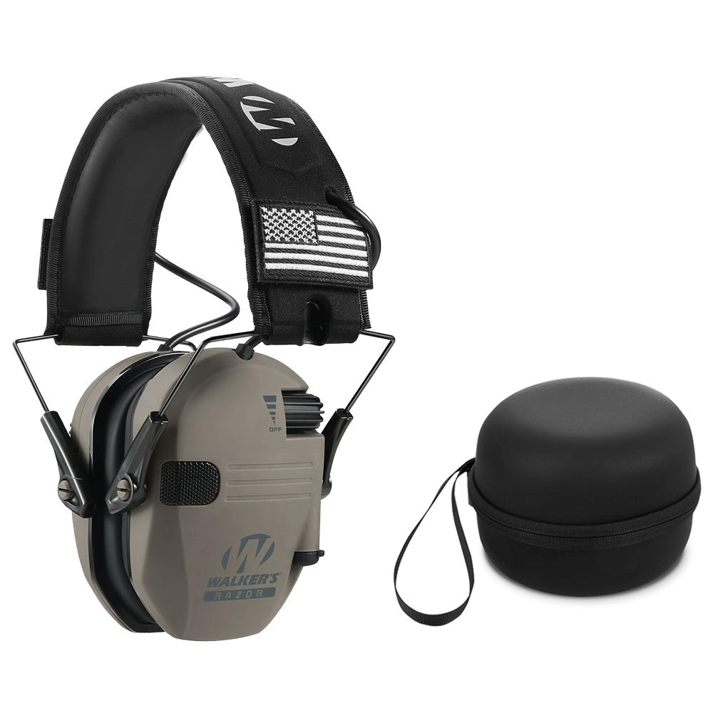 Yellow electronic noise-canceling earmuffs, military grade, adjustable, with a protective carrying case.