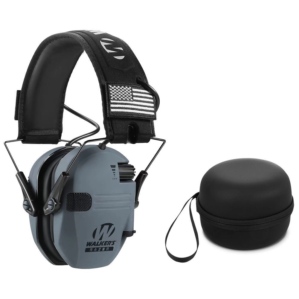 Electronic noise-canceling earmuffs, military grade, gray, adjustable, with carrying case.