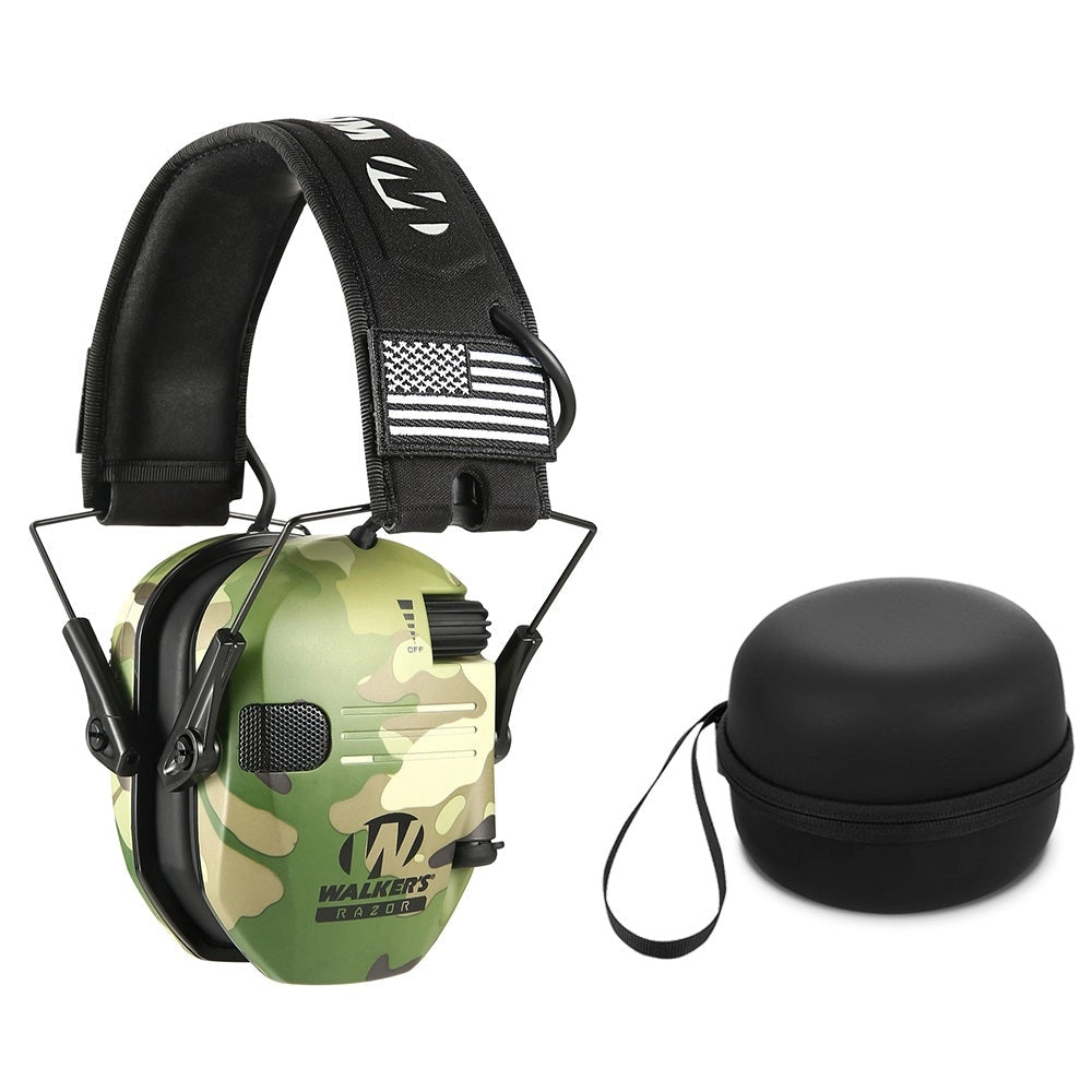 Camouflage military-grade noise-canceling earmuffs with adjustable headband and carrying case, designed for tactical shooting and personal protection.