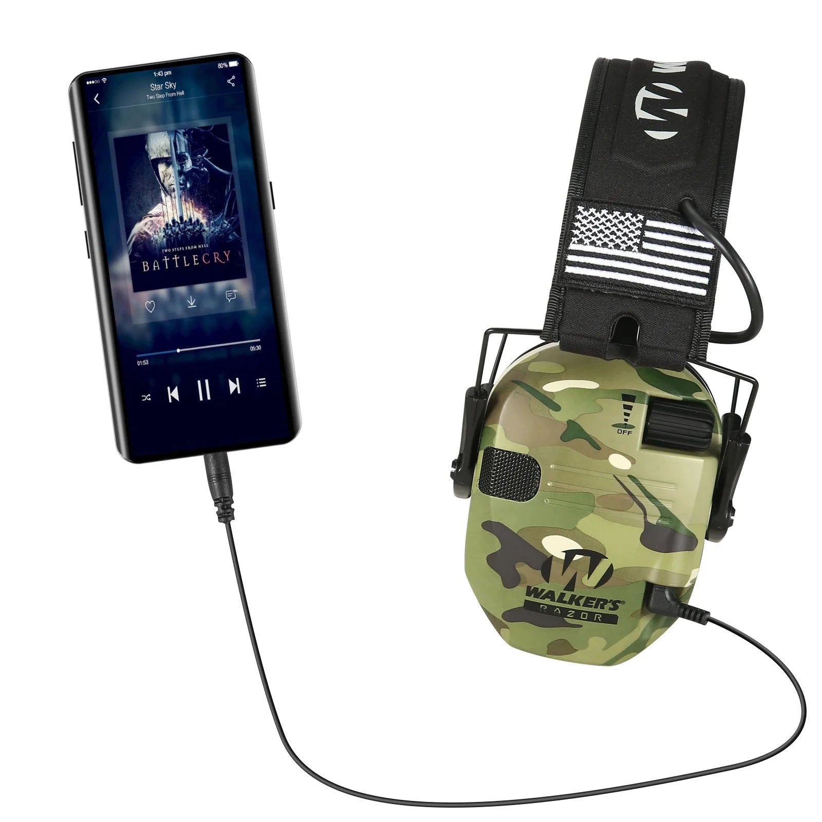 Electronic noise-canceling earmuffs, tactical shooting, military grade, adjustable, with visible audio equipment and communication device features, including a cable and adapter.