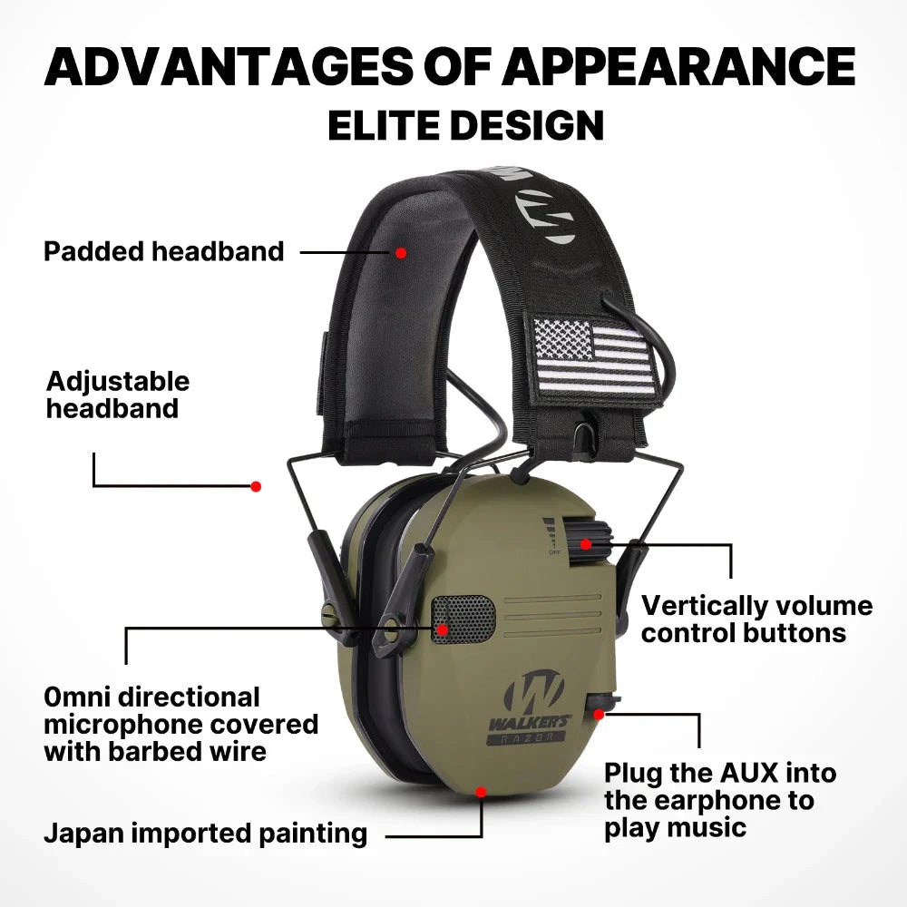 Electronic noise-canceling earmuffs with military-grade design and adjustable fit for tactical shooting.