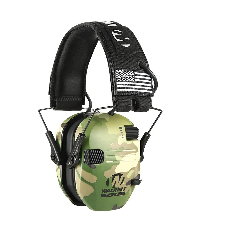 Electronic noise-canceling earmuffs in camouflage pattern, military grade, adjustable, without case.