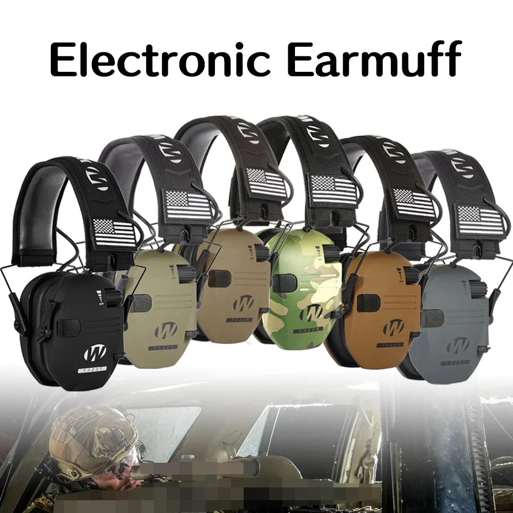 Electronic noise-canceling earmuffs, tactical shooting, military grade, adjustable, personal protective equipment.