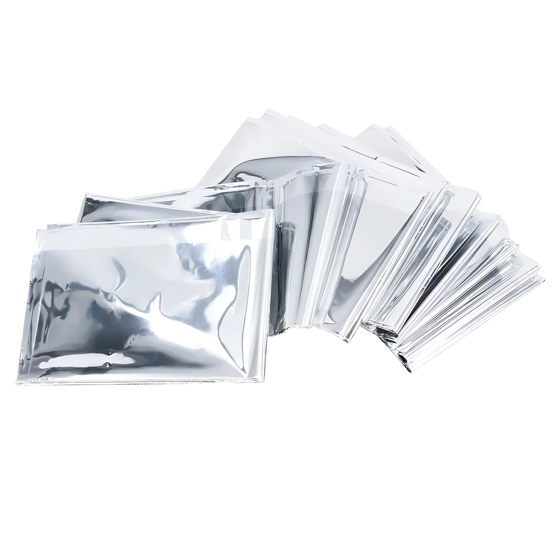 A lightweight, reflective mylar emergency thermal blanket, designed for heat retention, displayed in its compact, folded form.