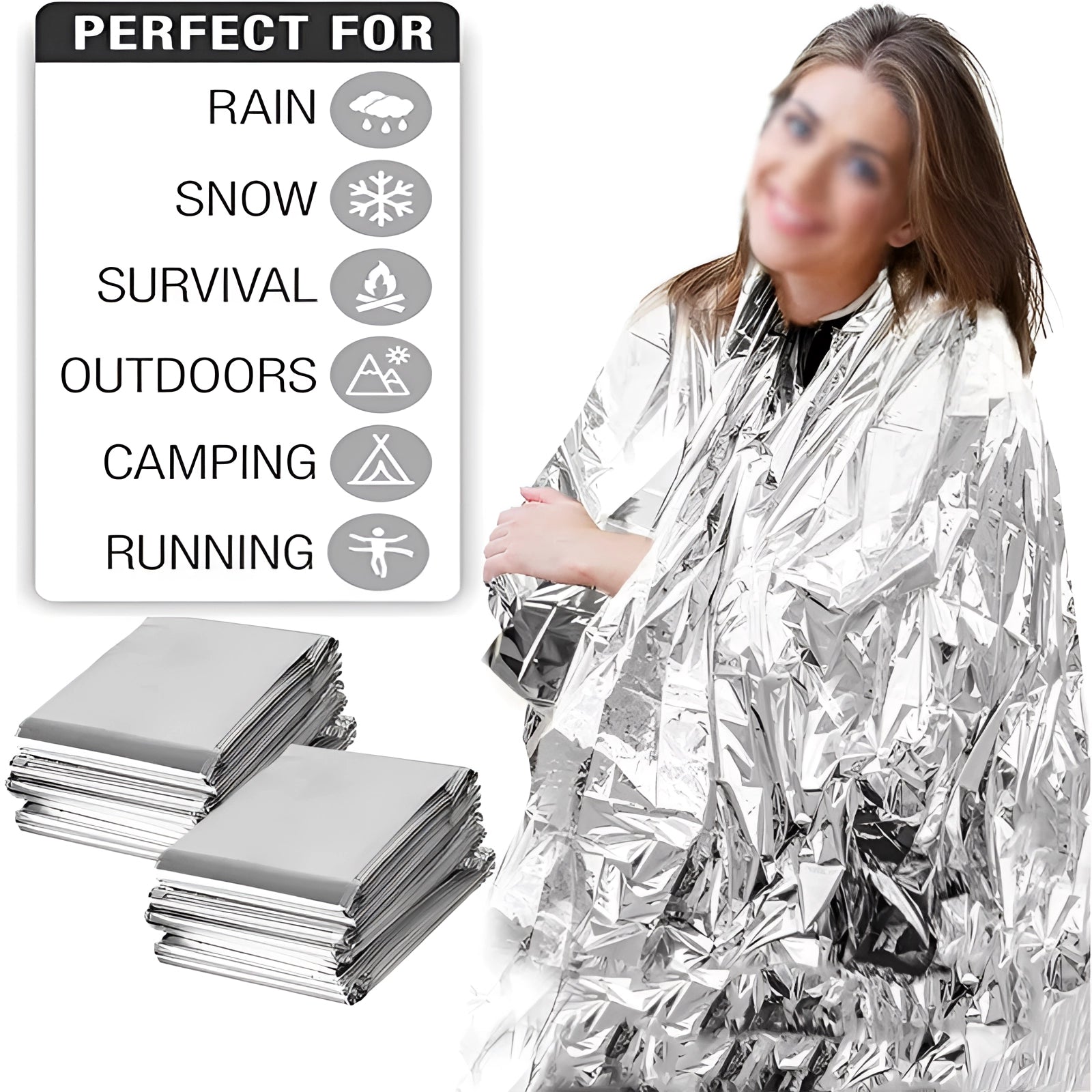 Lightweight, reflective emergency thermal blanket made of heat-retaining mylar, unfolded and displayed flat.