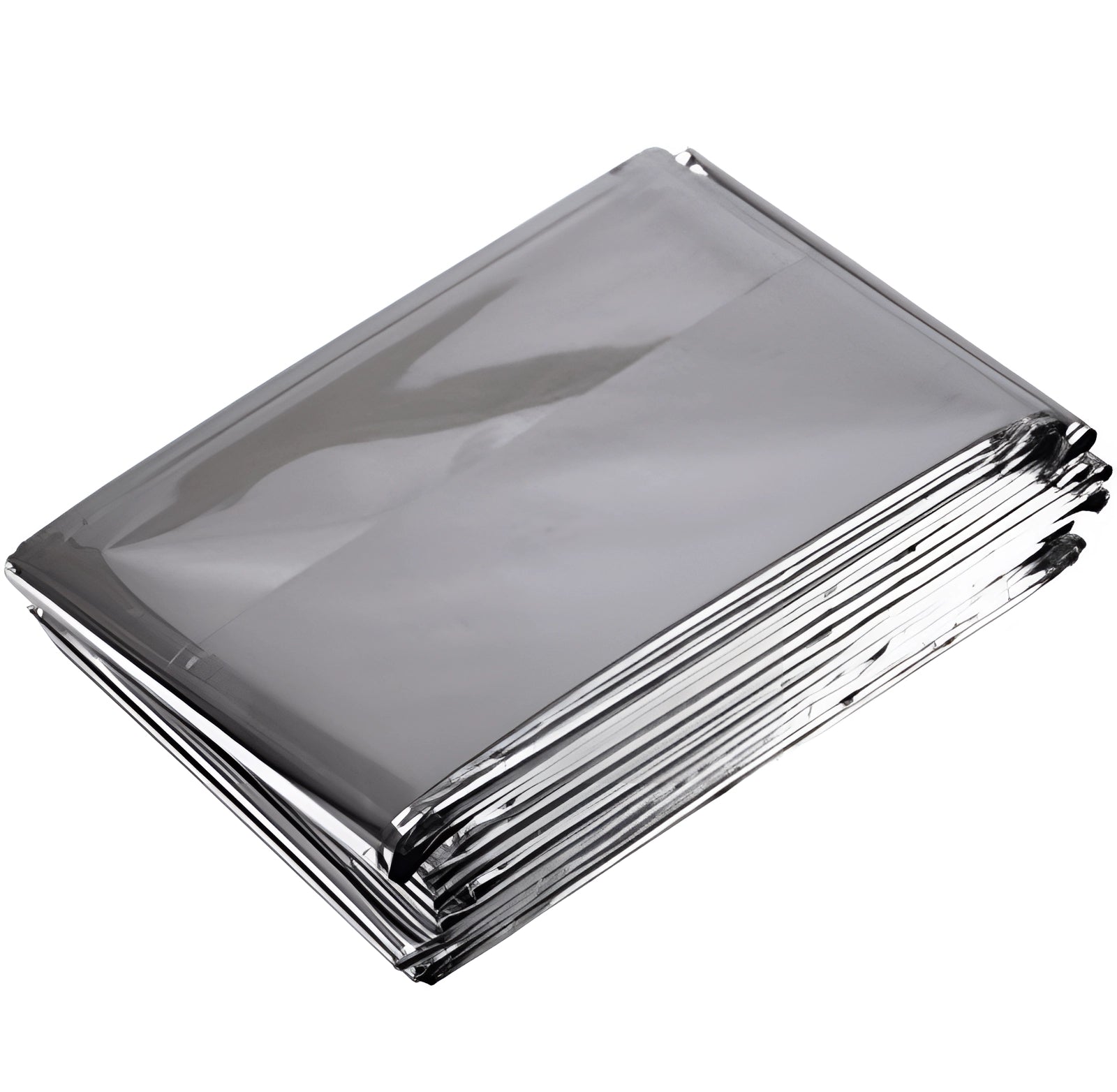 Emergency thermal blanket made of lightweight, reflective mylar, folded neatly in a rectangular shape.