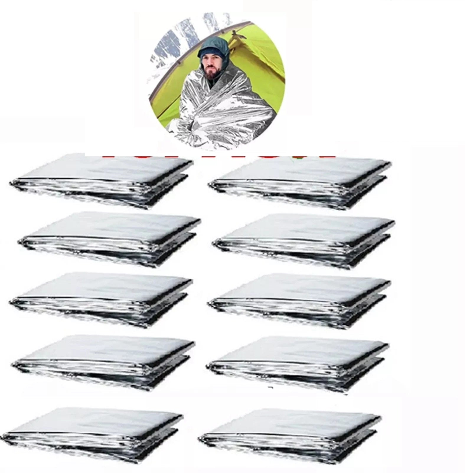 Lightweight, reflective emergency thermal blanket made of heat-retaining mylar, shown in a set of 10.