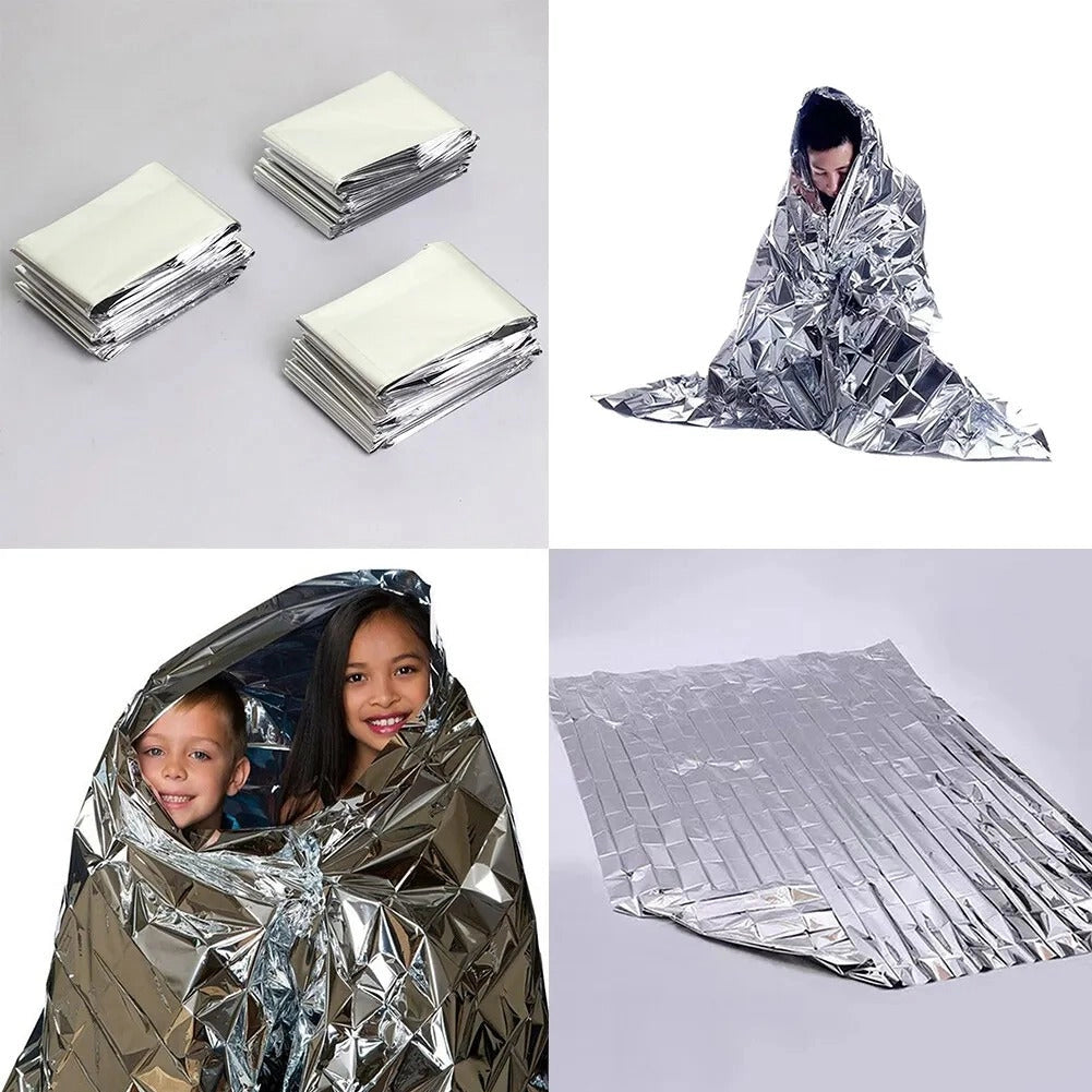 A lightweight, reflective emergency thermal blanket made of heat-retaining mylar, displayed in its packaging with a white and black color scheme.