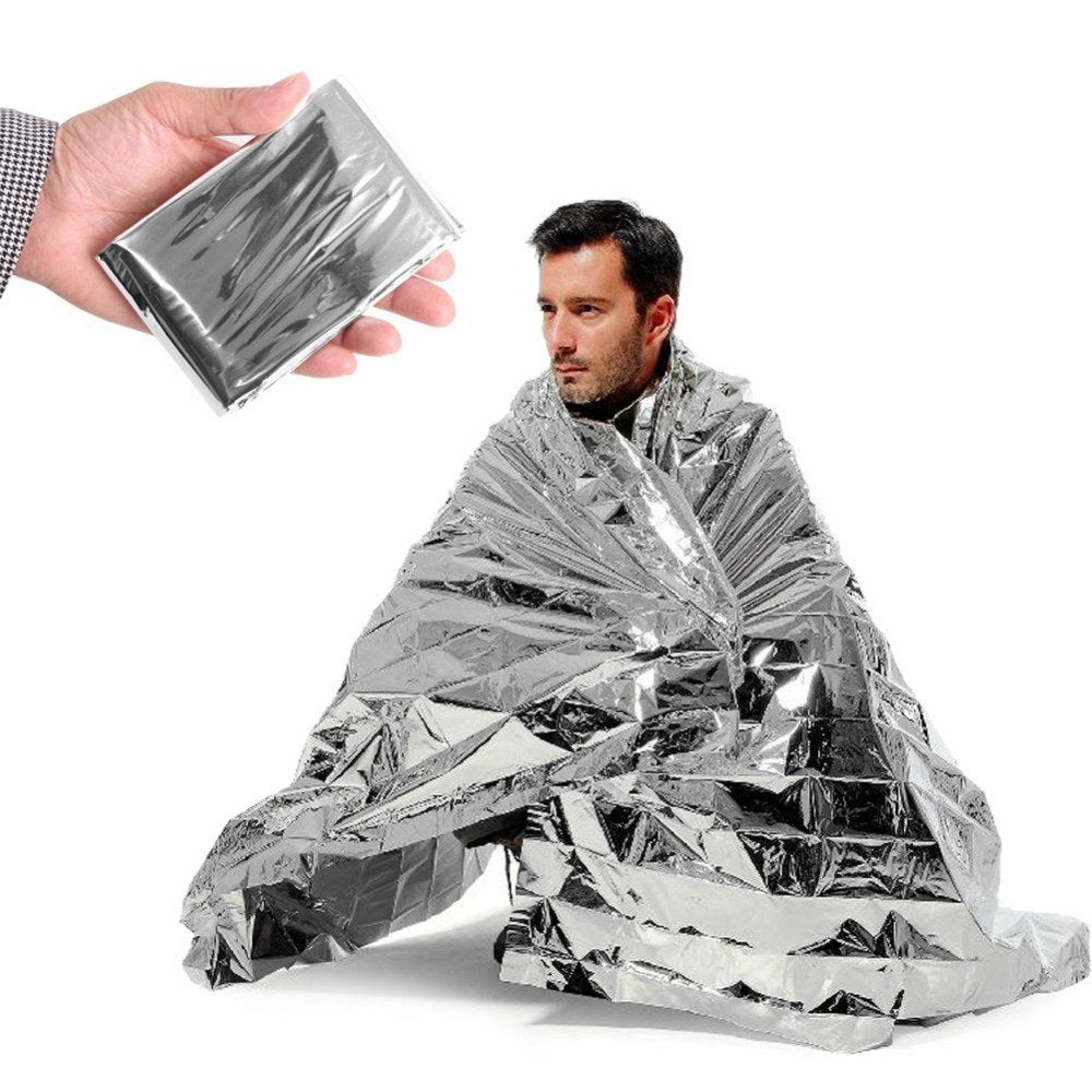 Emergency Thermal Blanket - Lightweight, Reflective, Heat Retaining Mylar, shown in a protective, reflective mylar material, designed for warmth and comfort in emergency situations.