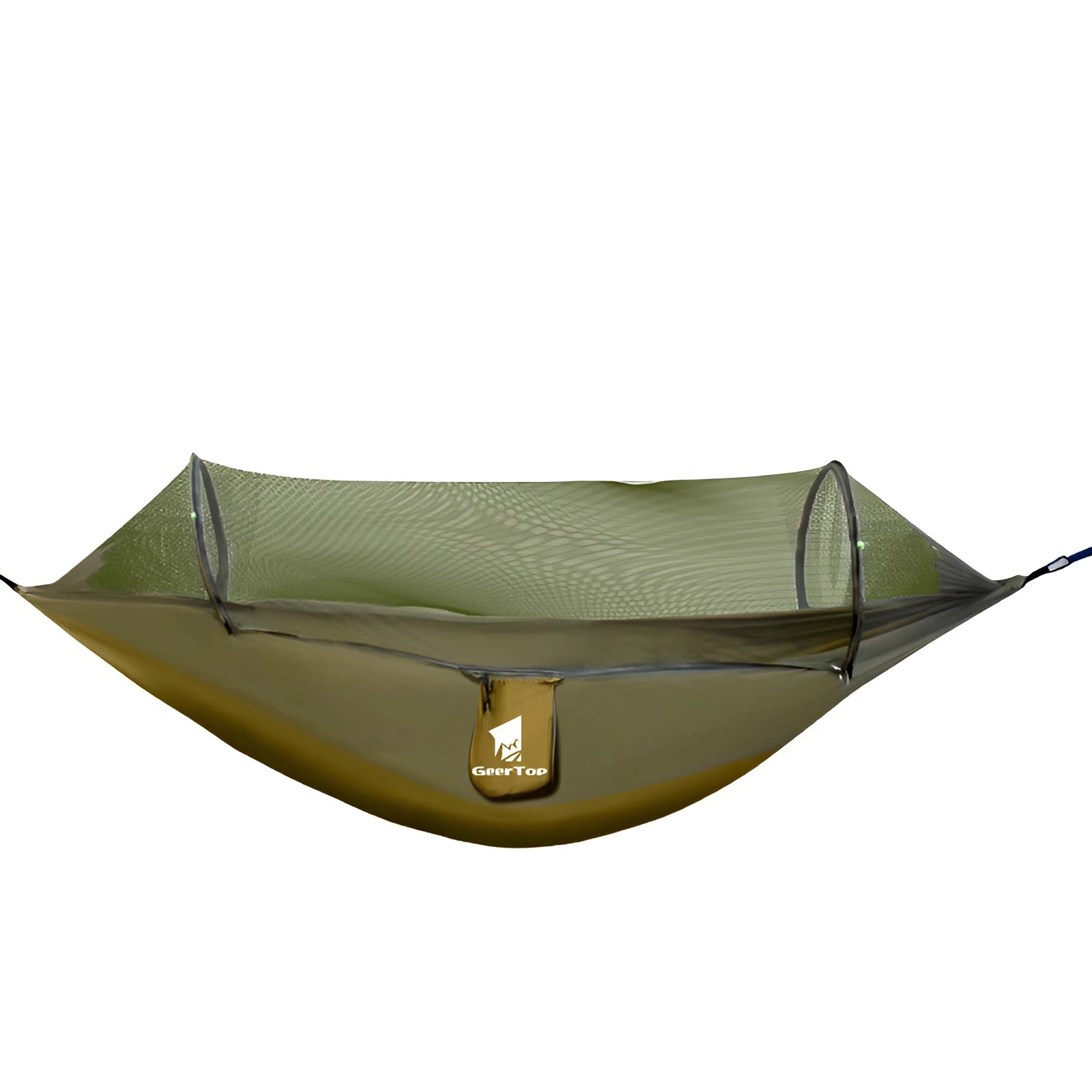 Enclosed mosquito-proof outdoor mesh hammock with dual-entry, set up between trees for shade.