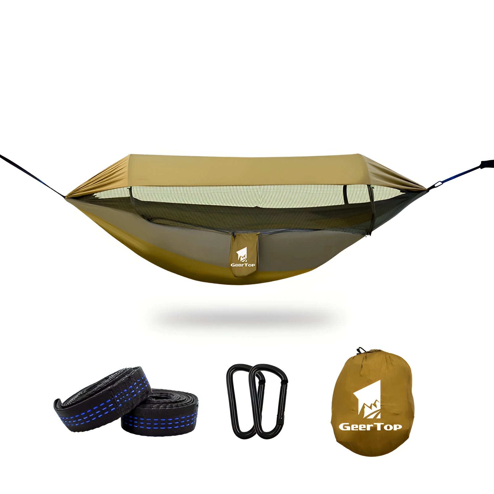 An enclosed mosquito-proof outdoor mesh hammock with dual-entry and breathable design, measuring 290x140cm, showcased near a vehicle.