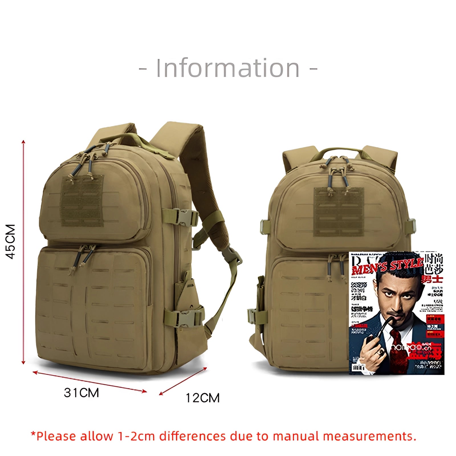 Expandable black MOLLE tactical backpack, durable and water-resistant, displayed in an outdoor setting with multiple compartments and sturdy straps, ideal for travel and outdoor activities.