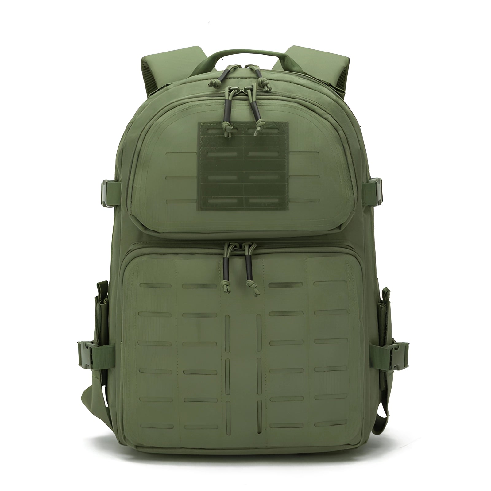 Expandable Army Green MOLLE Tactical Backpack, water-resistant and durable, featuring a rectangular design with multiple compartments and metal accents.