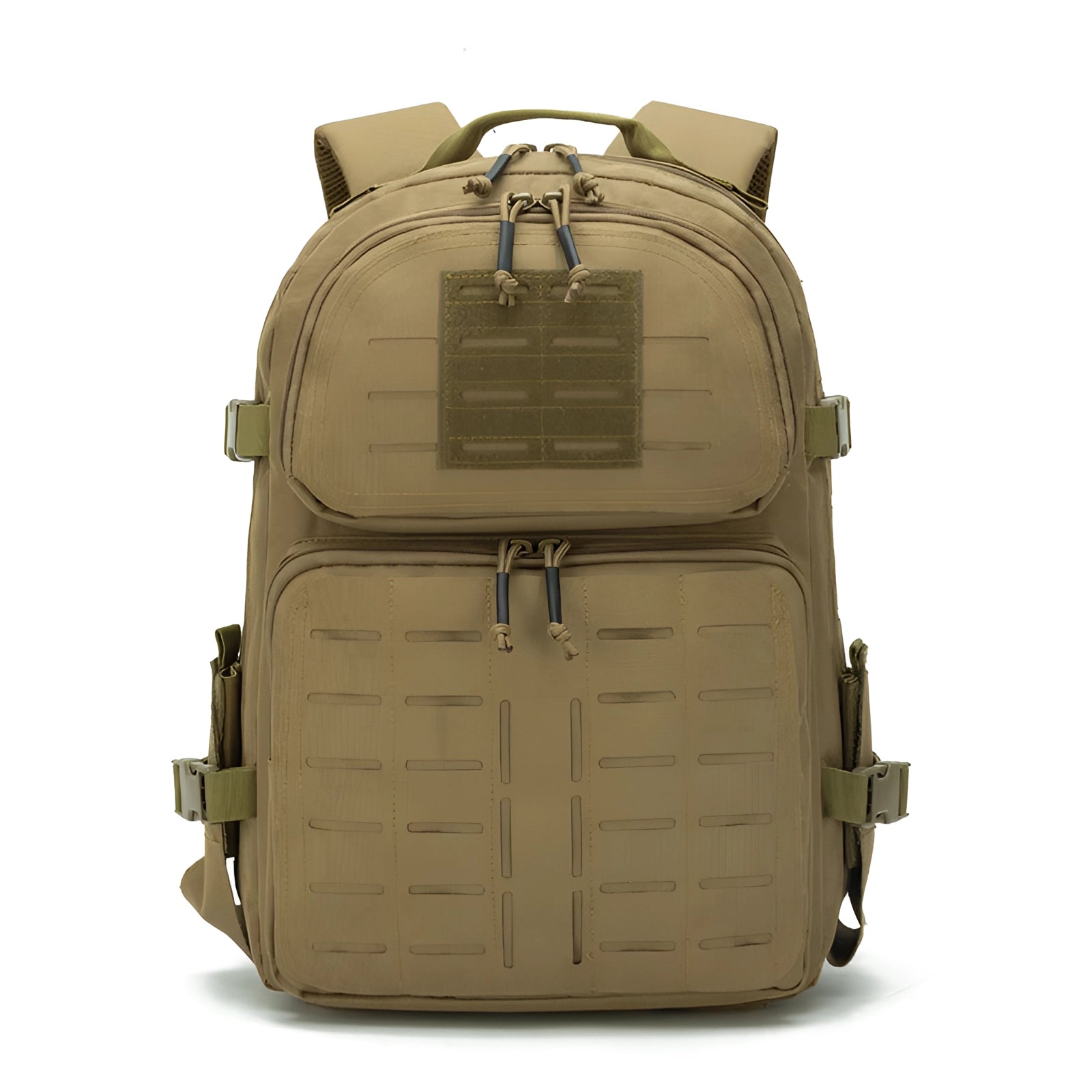 Expandable khaki MOLLE tactical backpack, durable and water-resistant, with multiple compartments and rugged design suitable for outdoor activities.