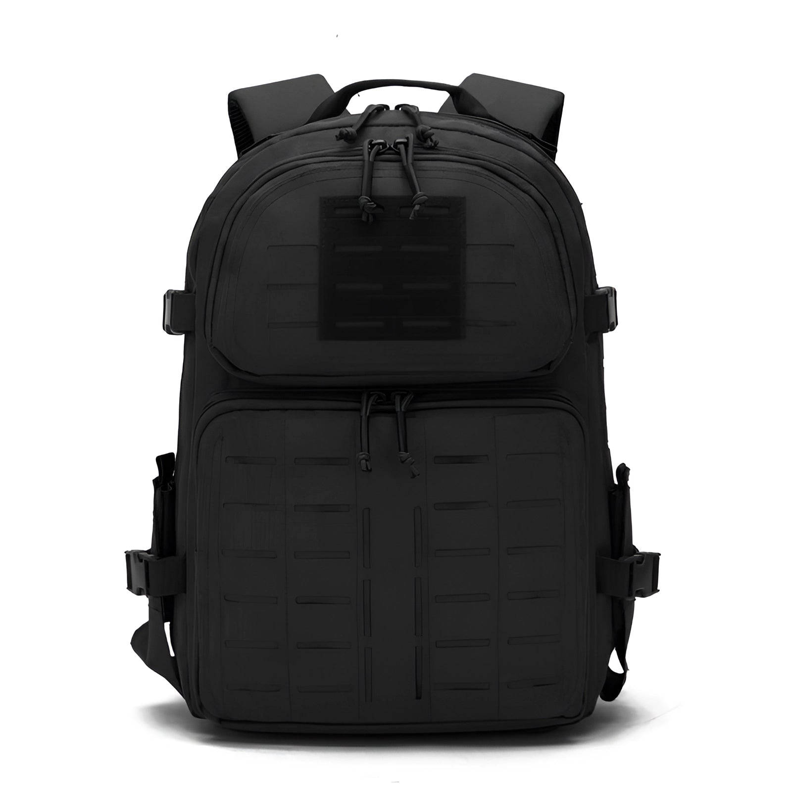 Expandable black MOLLE tactical backpack with durable and water-resistant fabric, featuring multiple compartments and straps, ideal for outdoor activities and travel.