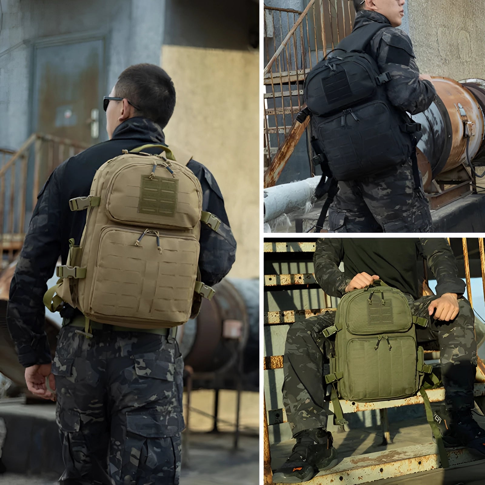 Expandable black MOLLE tactical backpack, featuring a durable and water-resistant design, displayed against a military-themed backdrop with camouflage elements.