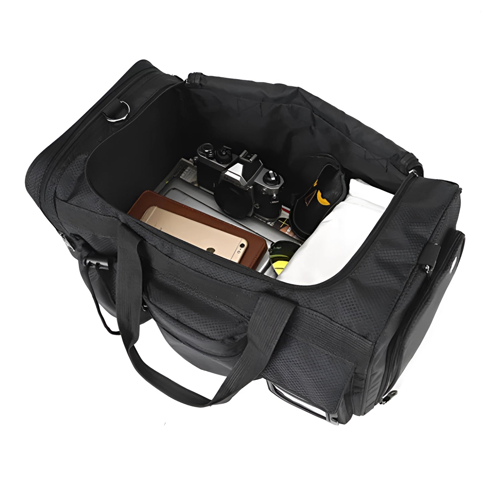 Black expandable waterproof gym duffel bag featuring a separate shoe compartment, designed for convenient and organized storage.