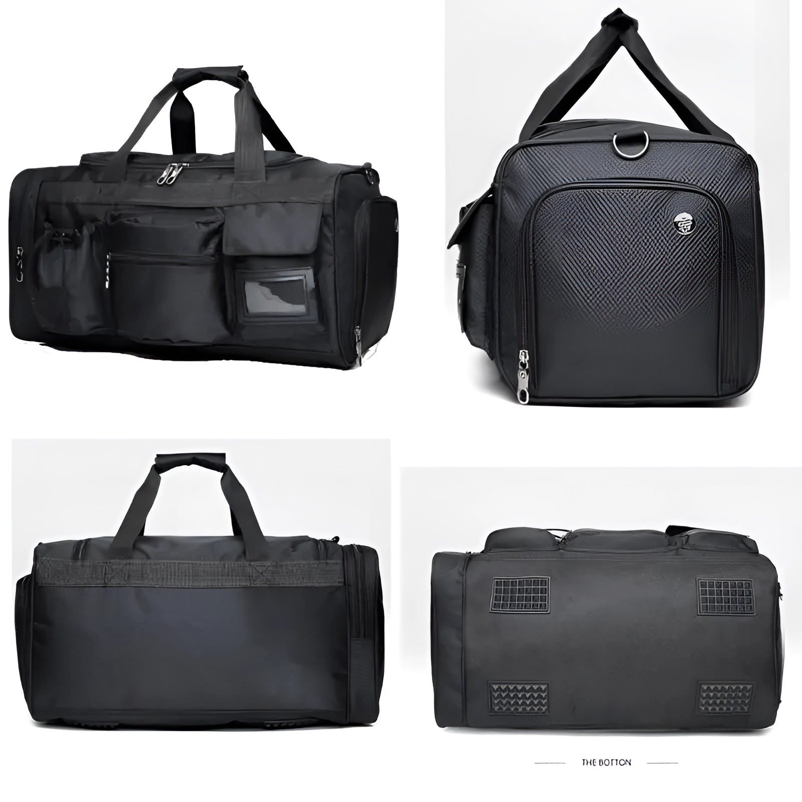 Expandable black waterproof gym duffel bag with a shoe compartment, designed with a rectangular shape, ideal for travel and carrying gym essentials.