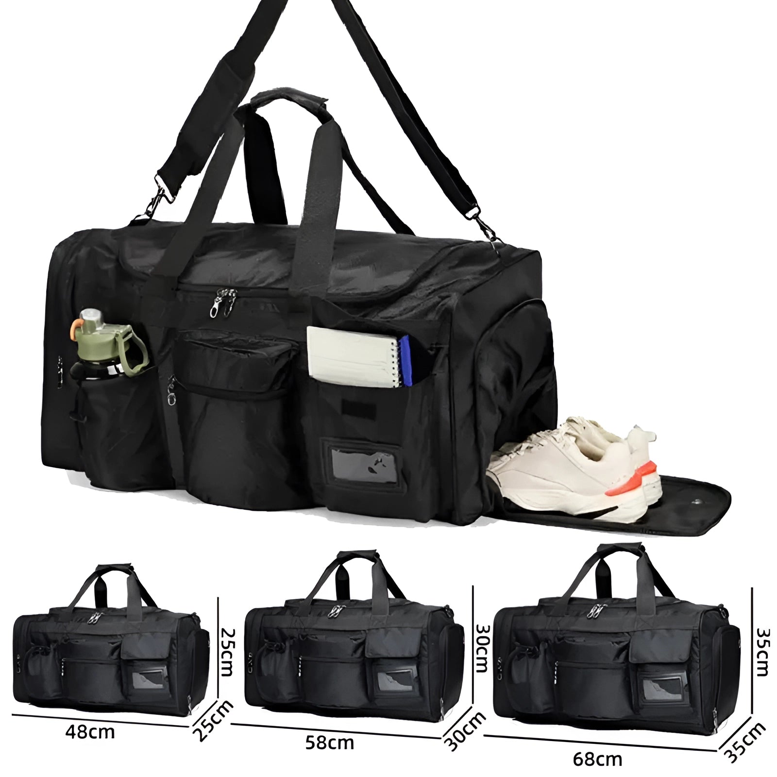 Expandable waterproof black gym duffel bag with a dedicated shoe compartment, designed for travel and sports activities.