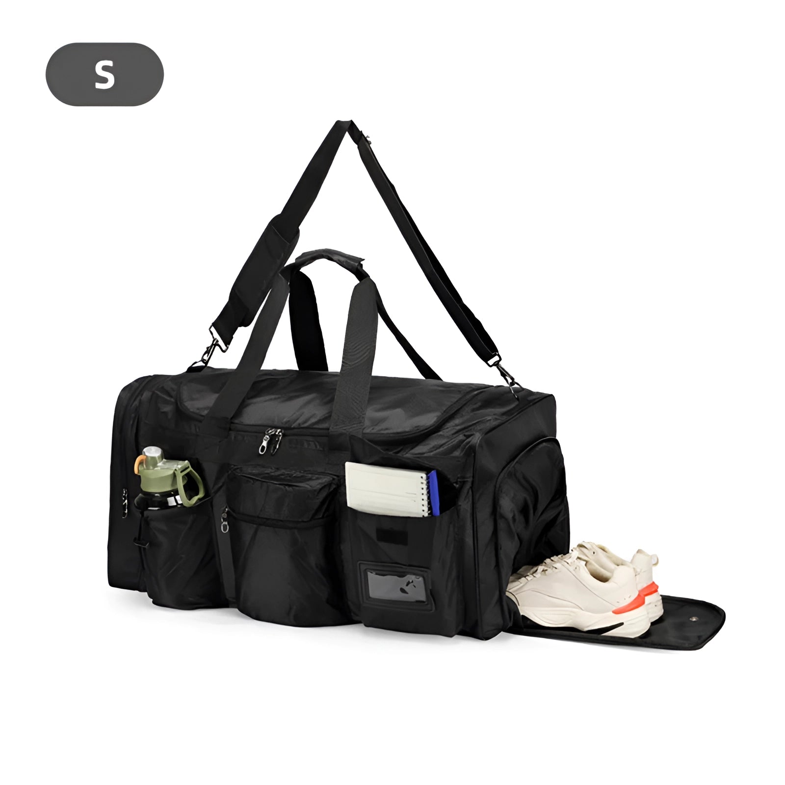 Expandable black waterproof gym duffel bag with a separate shoe compartment, designed for travel and outdoor use.