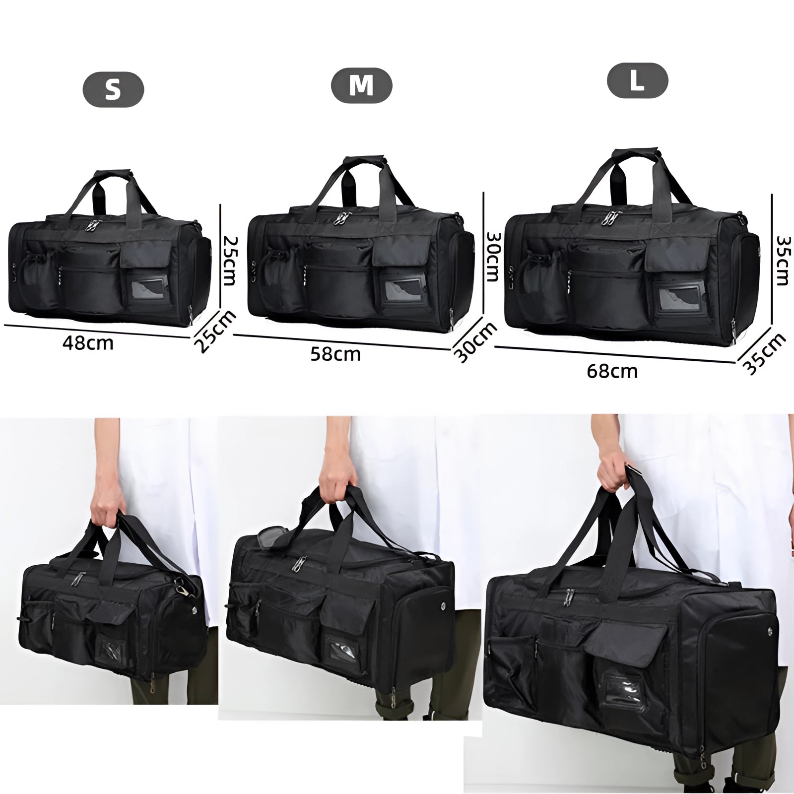 Expandable black waterproof gym duffel bag with shoe compartment, rectangular shape, suitable for travel and fashion purposes.