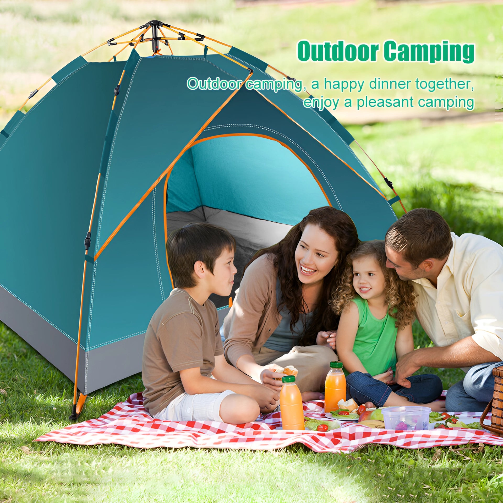 A family enjoying their time outdoors, smiling and sitting in front of a spacious, lightweight, and waterproof 4-person camping tent set up on grassy terrain surrounded by nature.