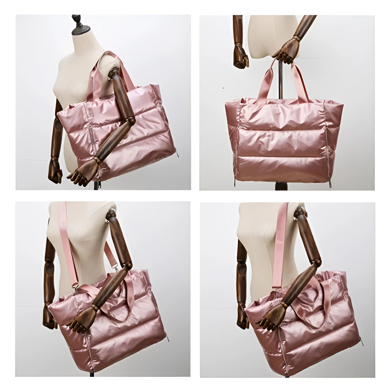 Fashionable Large Pink Quilted Satin Tote Bag on a white background.