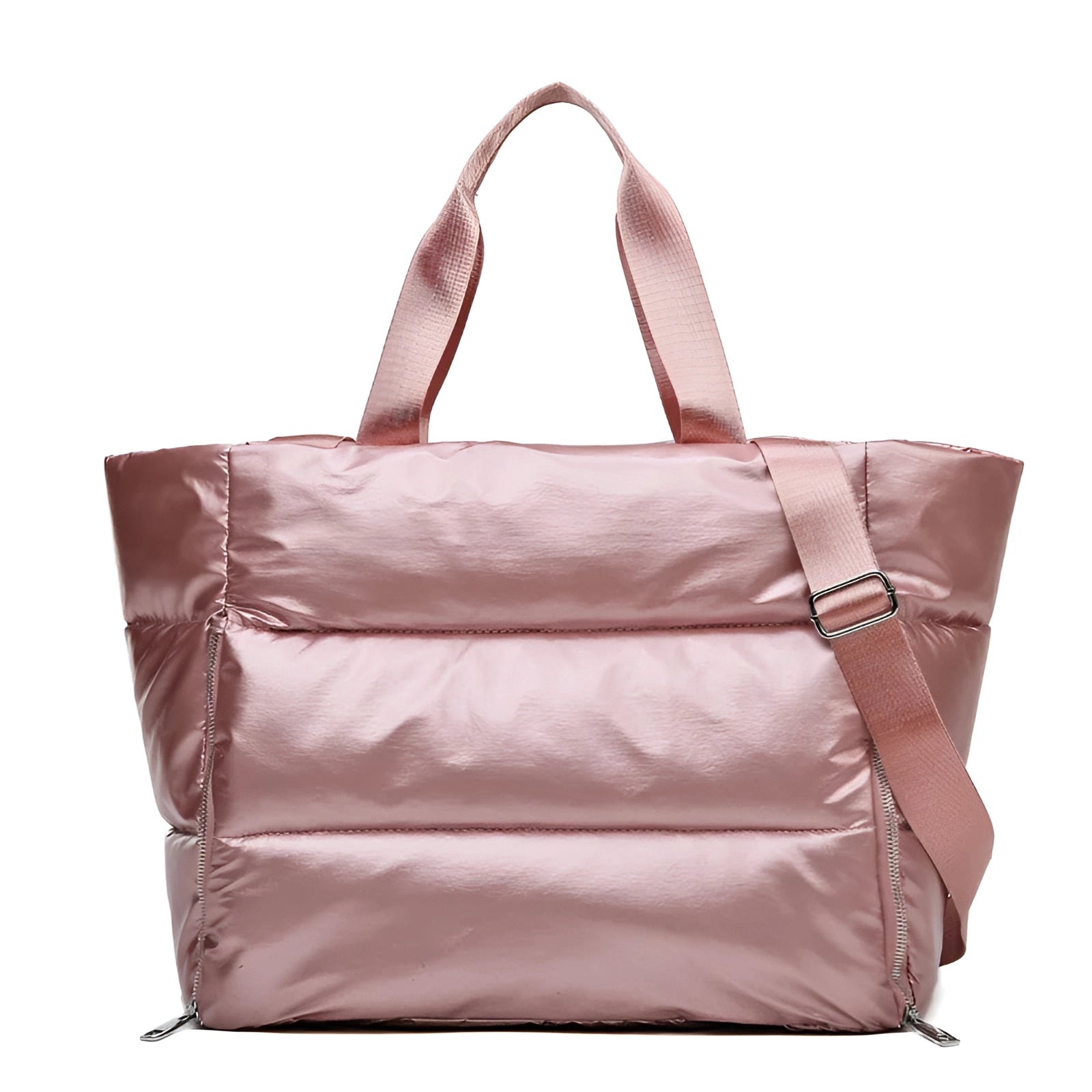 Large pink quilted satin tote bag with a rectangular shape designed for fashion and travel, featuring shoulder straps.