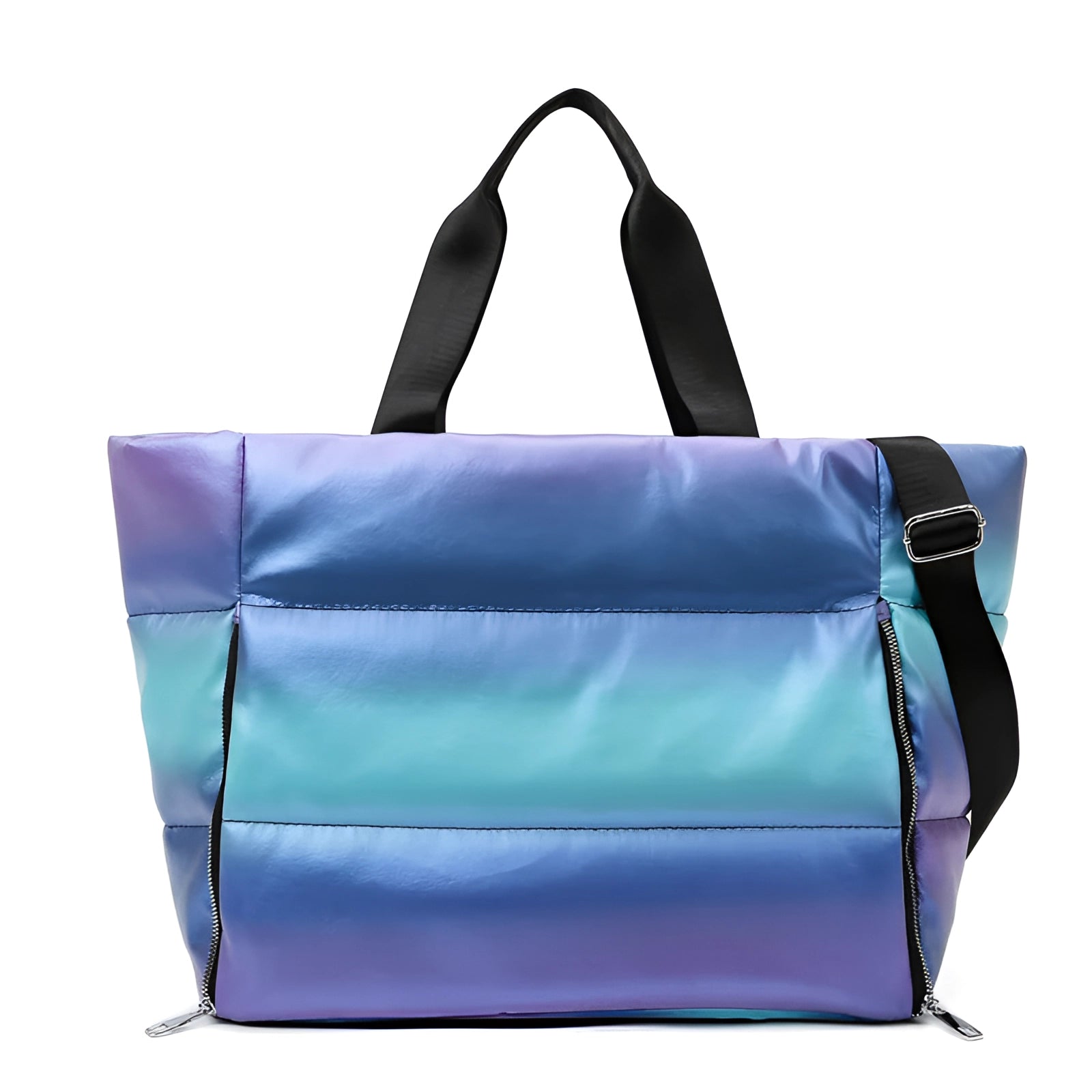 Fashionable large pink quilted satin tote bag with bright blue rainbow accents, featuring a rectangular shape and shoulder straps, ideal for travel and use as a stylish fashion accessory.