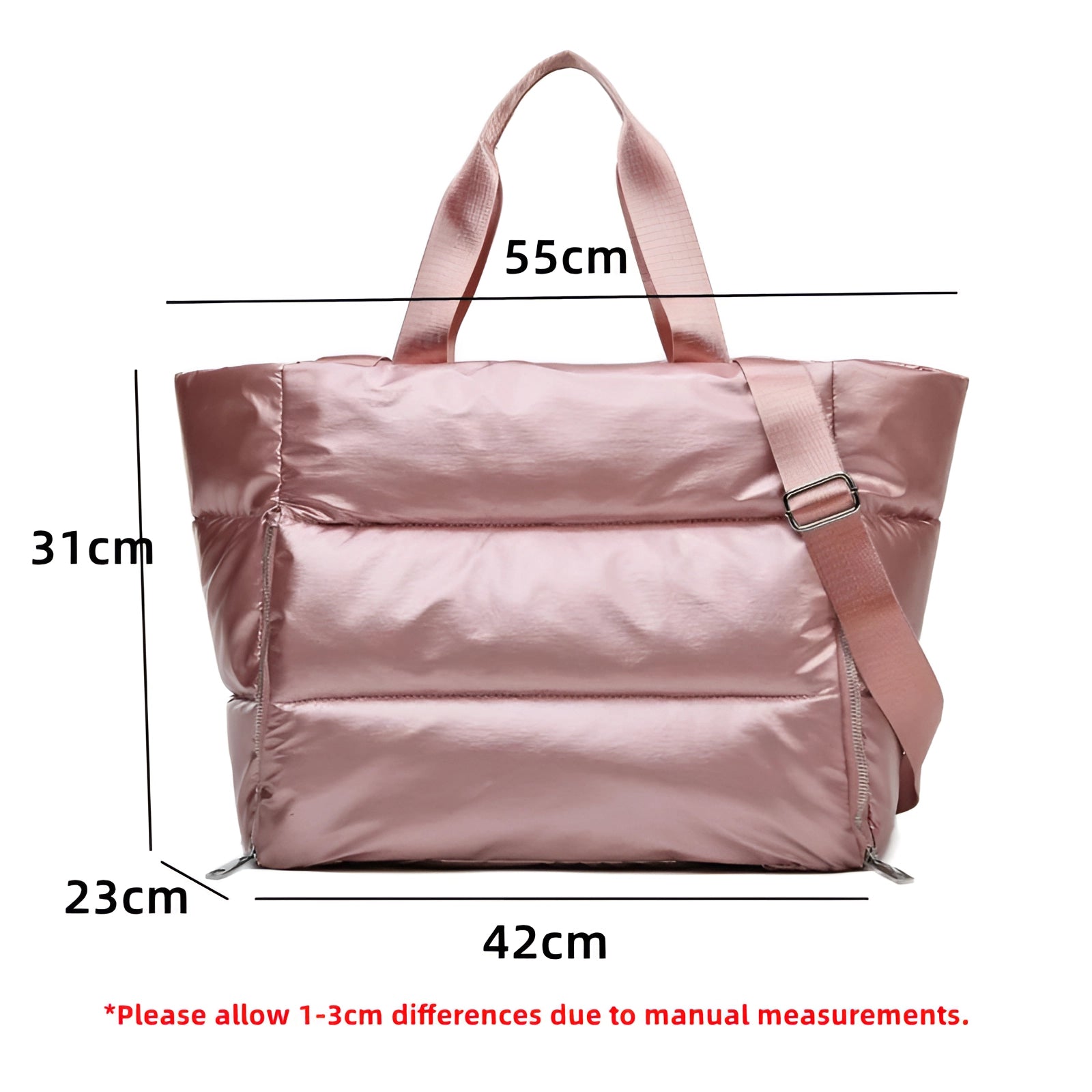 Fashionable large pink quilted satin tote bag with a rectangular shape and shoulder strap, featuring a luxurious magenta color suitable for travel and everyday use.