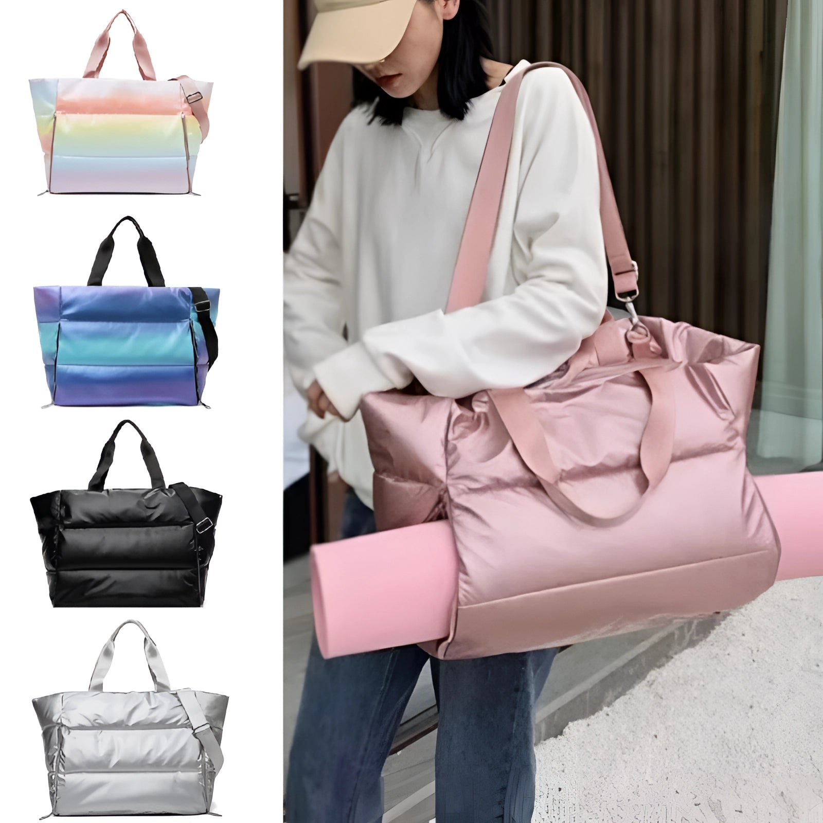 Fashionable large pink quilted satin tote bag with a spacious interior, featuring a stylish and elegant design suitable for travel and everyday fashion use.