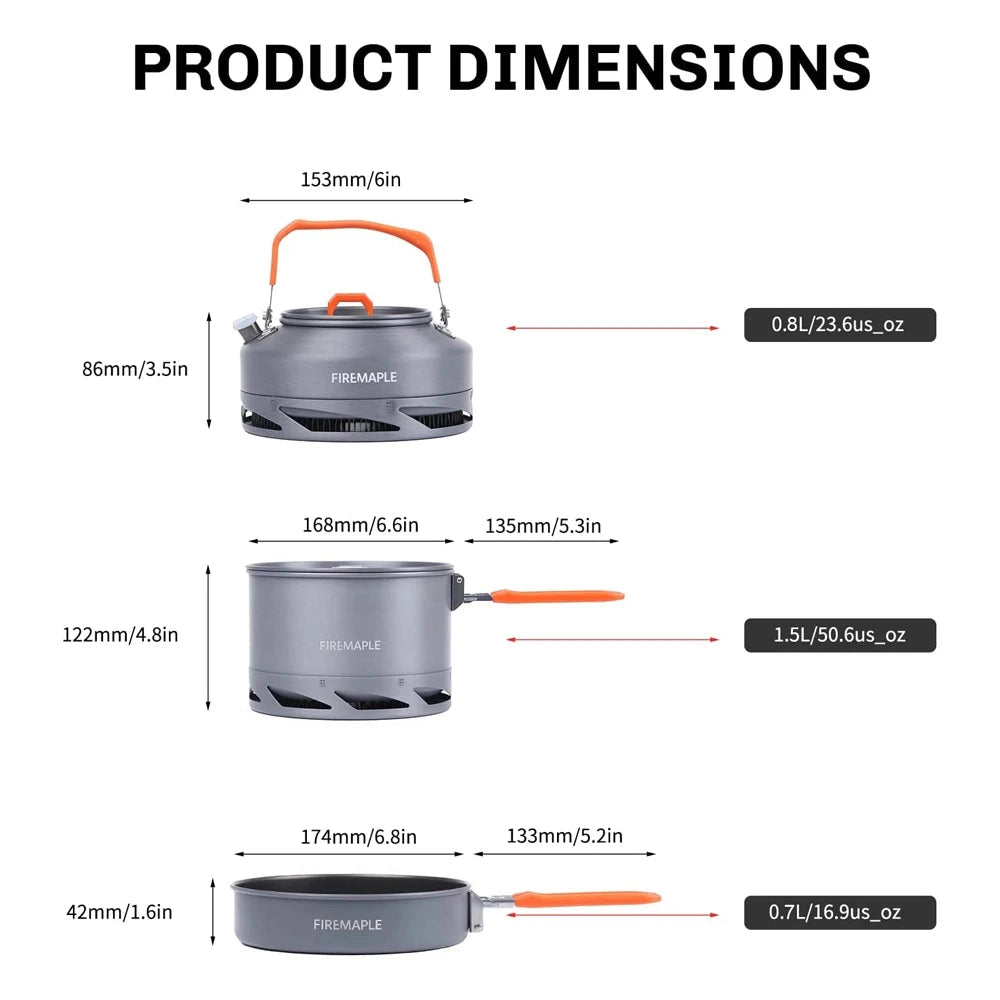 Lightweight anodized aluminum camping cookset by Fire Maple, designed for compact storage and easy portability, suitable for outdoor cooking.