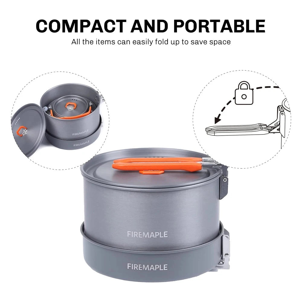 Lightweight anodized aluminum camping cookset by Fire Maple, featuring compact design elements suitable for outdoor cooking.