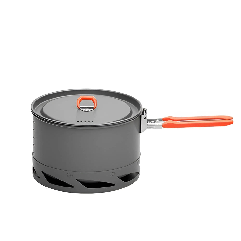 Fire-Maple FEAST K2 lightweight gray camping pot with heat exchanger designed for outdoor cooking, compact and portable suitable for camping or hiking trips.