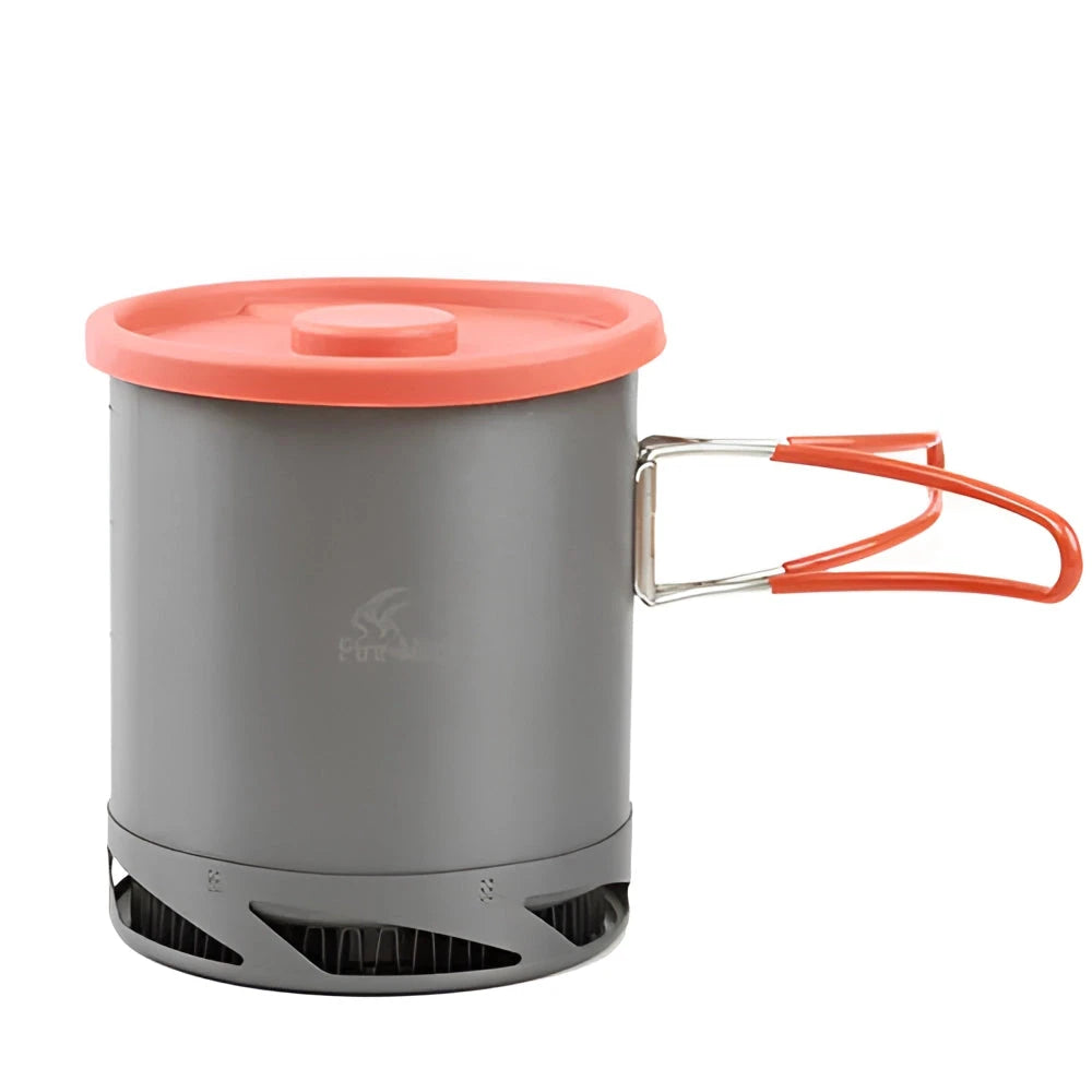 Lightweight gray Fire-Maple FMC-XK6 camping pot with heat exchanger, designed for efficient cooking in outdoor settings, showcasing a cylindrical shape with a magenta accent, suitable for boiling water or cooking meals while camping.