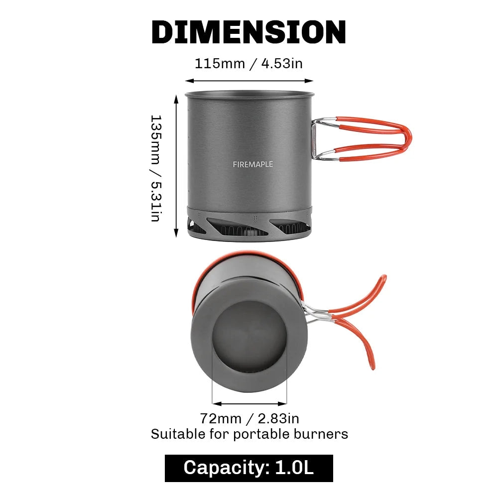 A 1-liter Fire-Maple FMC-XK6 lightweight camping pot with a heat exchanger, designed for outdoor cooking, featuring a compact and durable design suitable for camping and hiking.