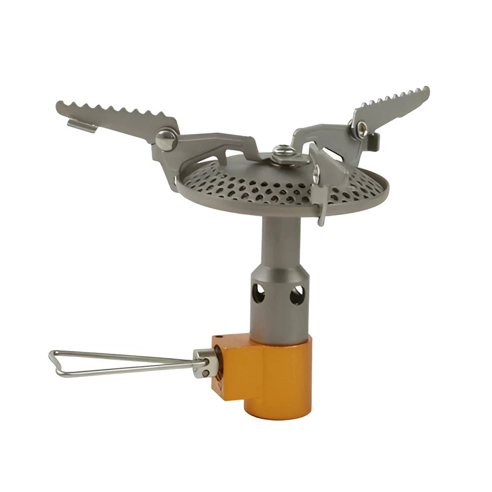 Portable Fire-Maple titanium camping stove in silver, designed for outdoor cooking; features a compact, lightweight structure with metal components and efficient burner design.