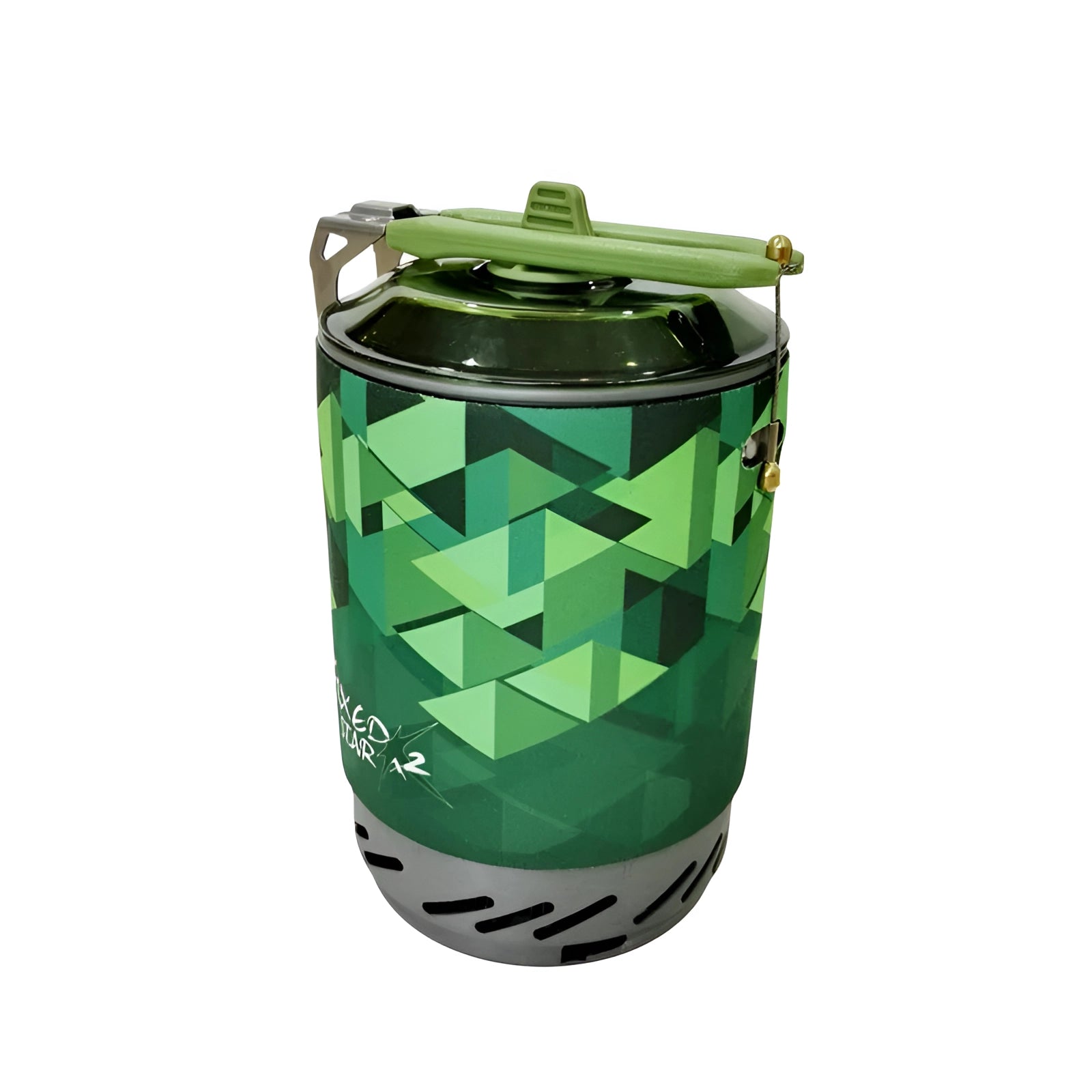 
A green Fire-Maple X2 Compact Camping Stove, lightweight and windproof, with a beverage can placed next to it. The stove is designed for outdoor use and features a cylindrical shape, ideal for camping enthusiasts.