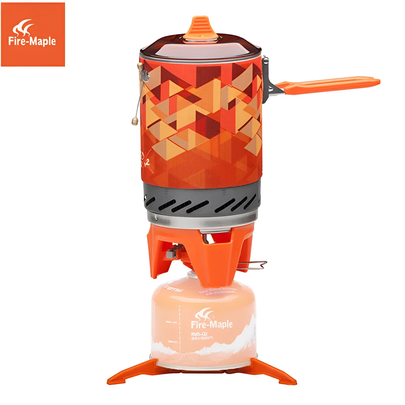 Compact camping stove with a windproof design, featuring a lightweight build by Fire-Maple, suitable for outdoor cooking activities.