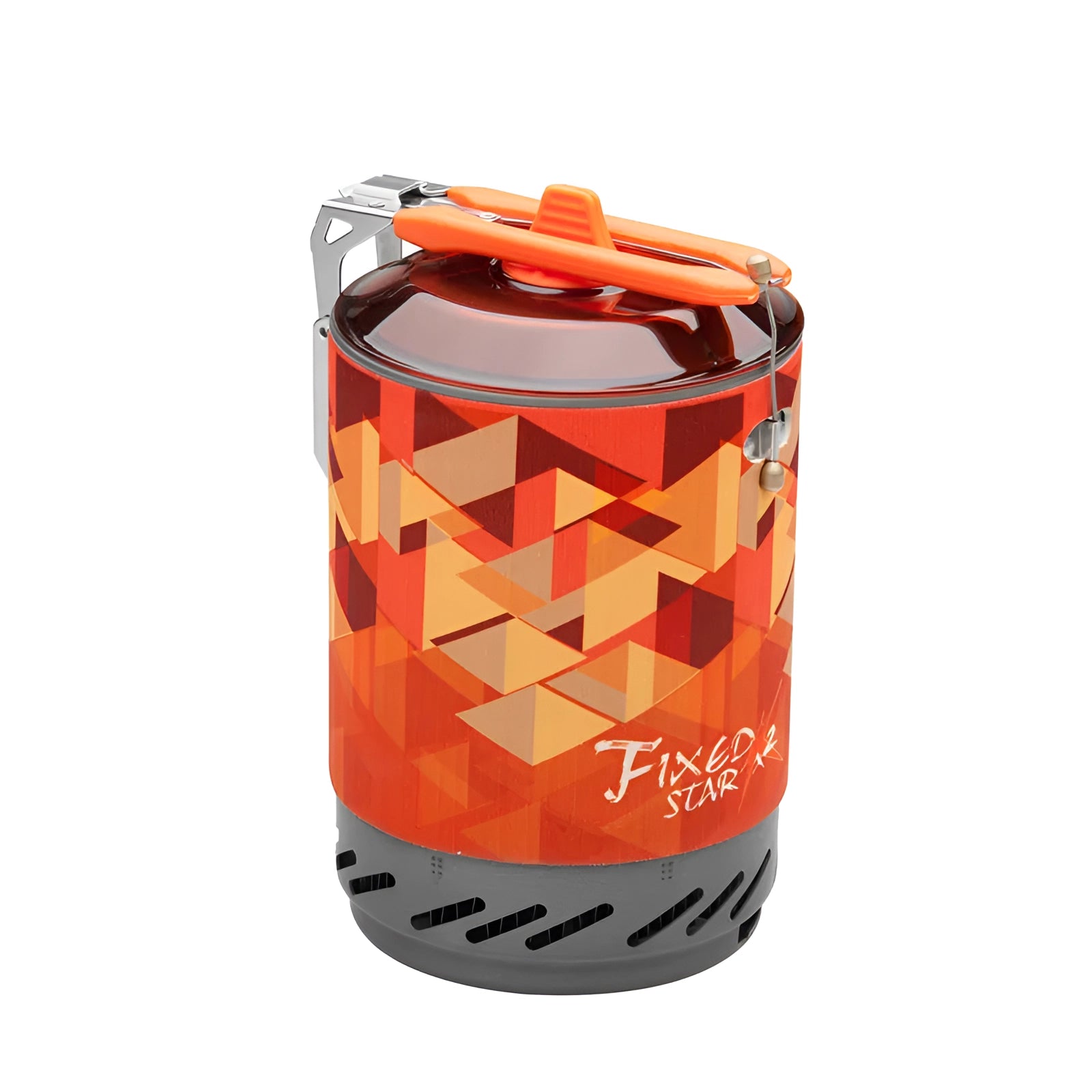 Orange Fire-Maple X2 Compact Camping Stove with a windproof design, featuring an aluminum gas canister, shown on a grassy campsite background.