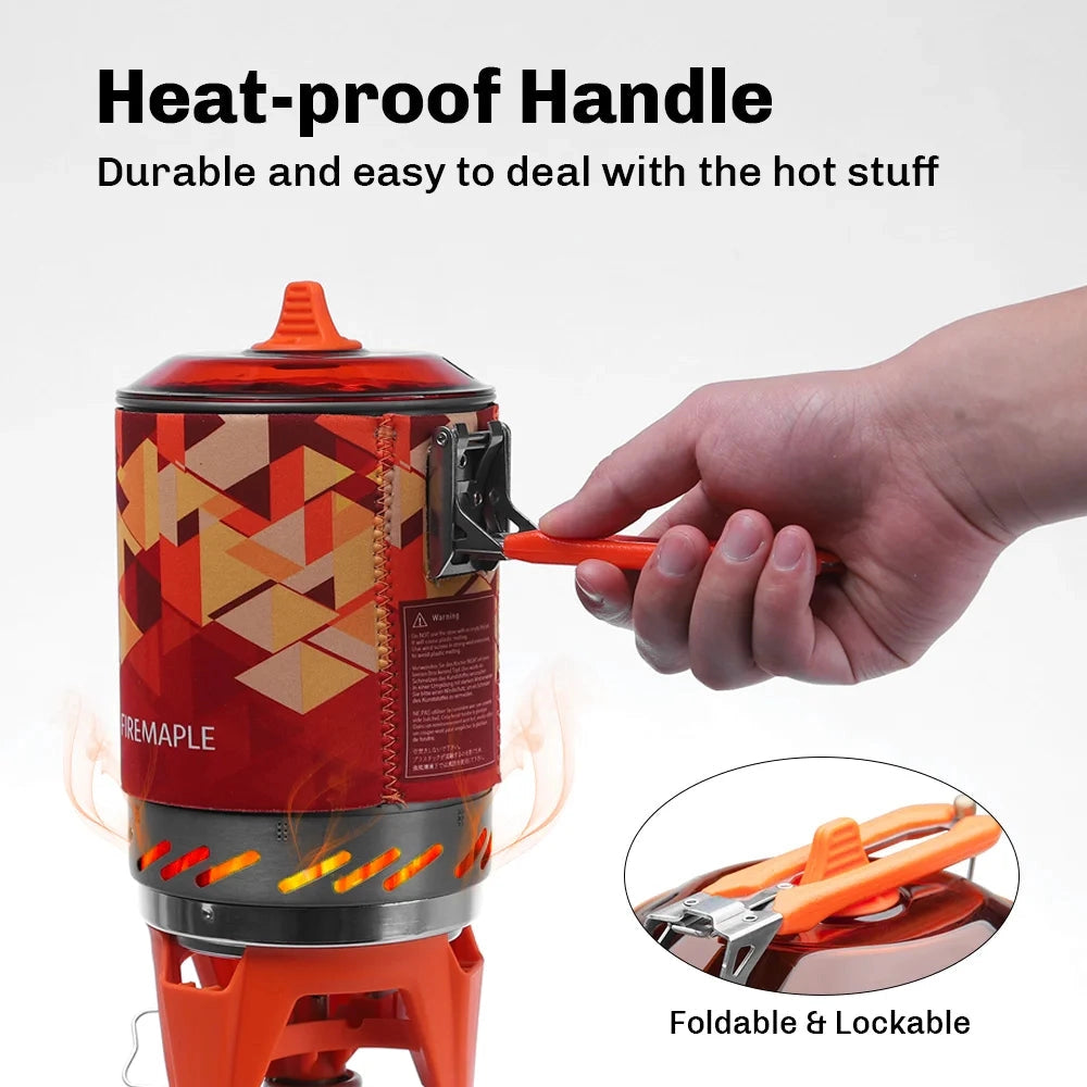 Compact orange camping stove with windproof design from Fire-Maple, featuring a lightweight build and a cylindrical shape similar to a beverage can.