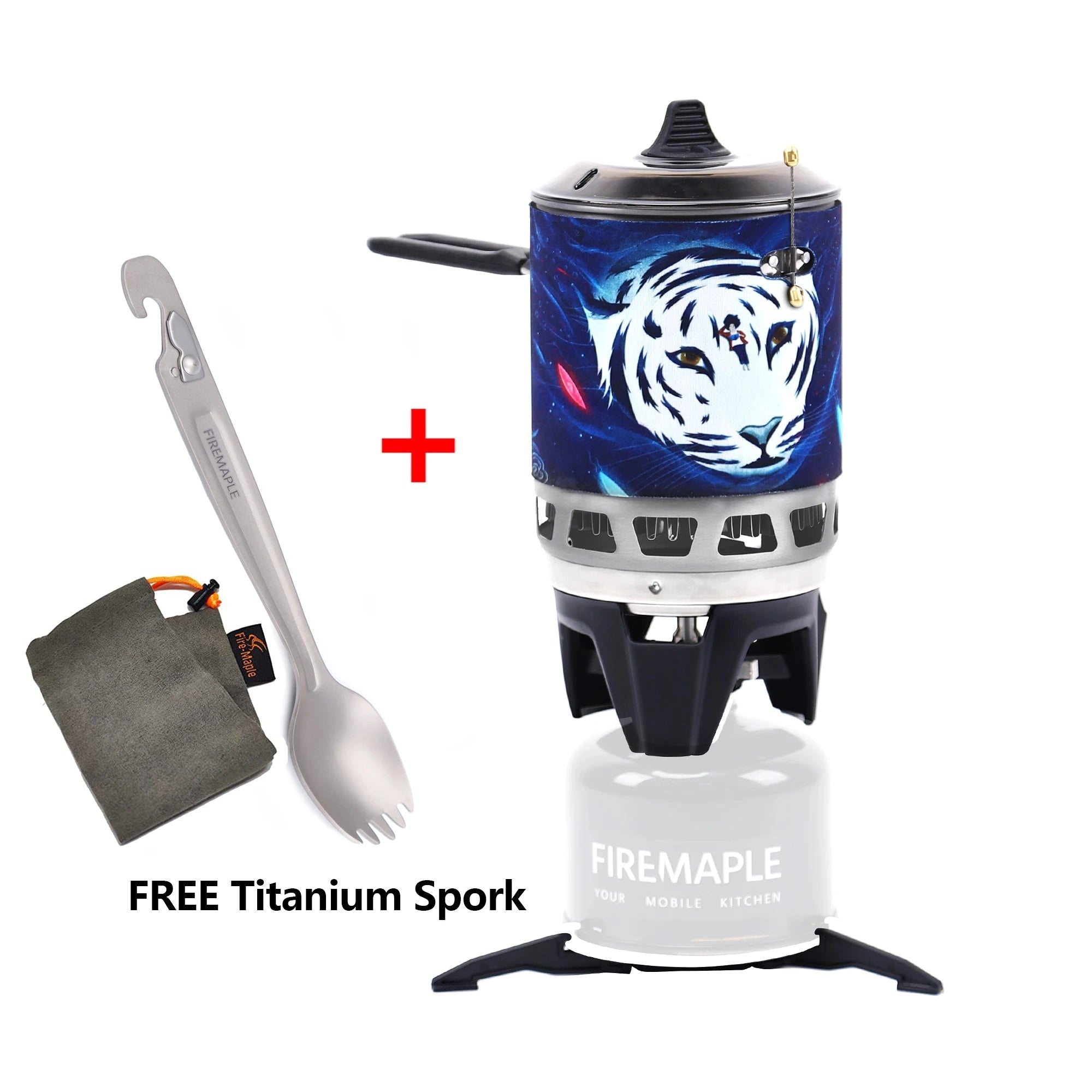 Lightweight windproof camping stove system in electric blue, featuring a spork, designed for outdoor cooking with efficiency and portability.