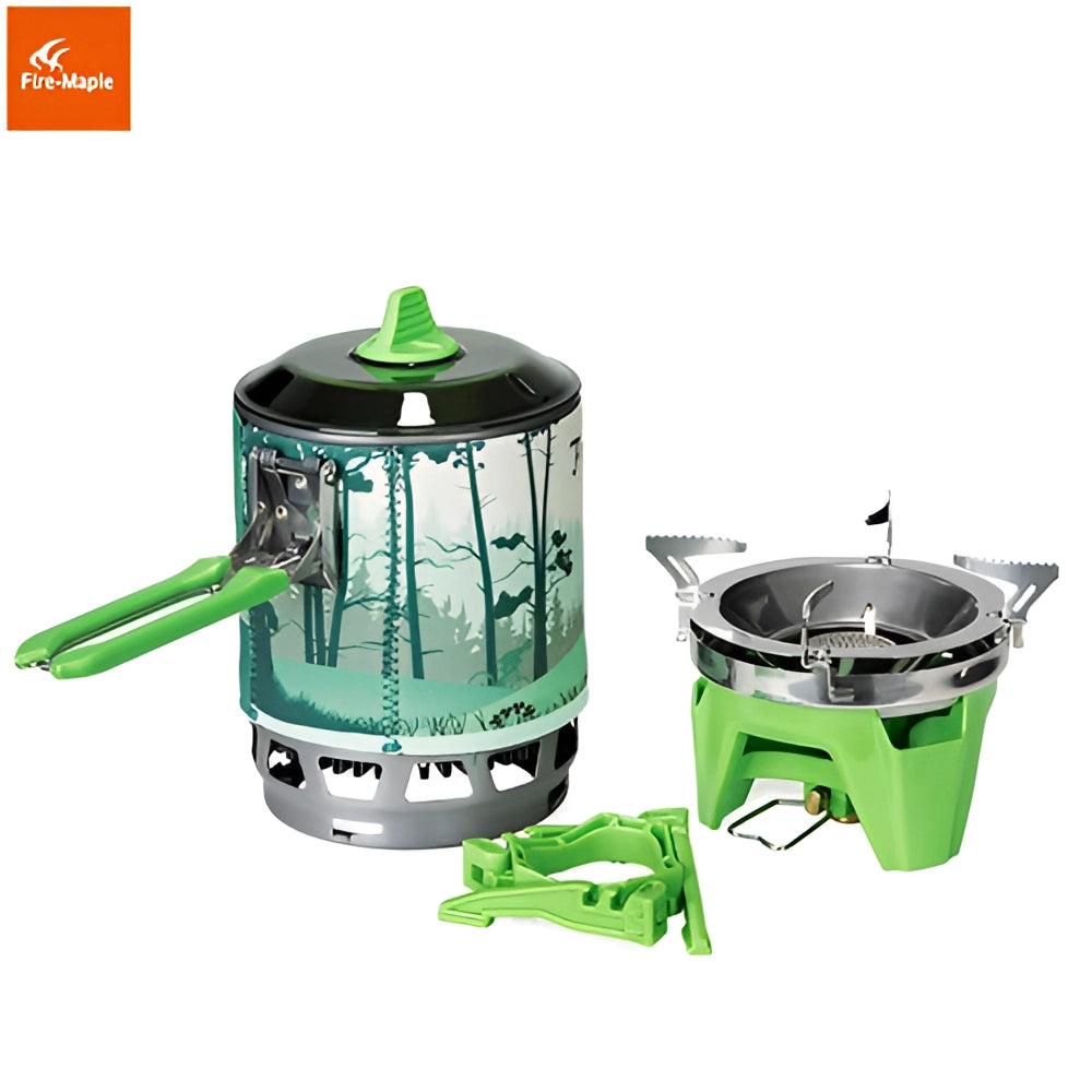 Fire-Maple X3 Lightweight Windproof Camping Stove System in green, featuring a compact and portable design with a built-in gas burner, ideal for outdoor cooking and boiling water efficiently.