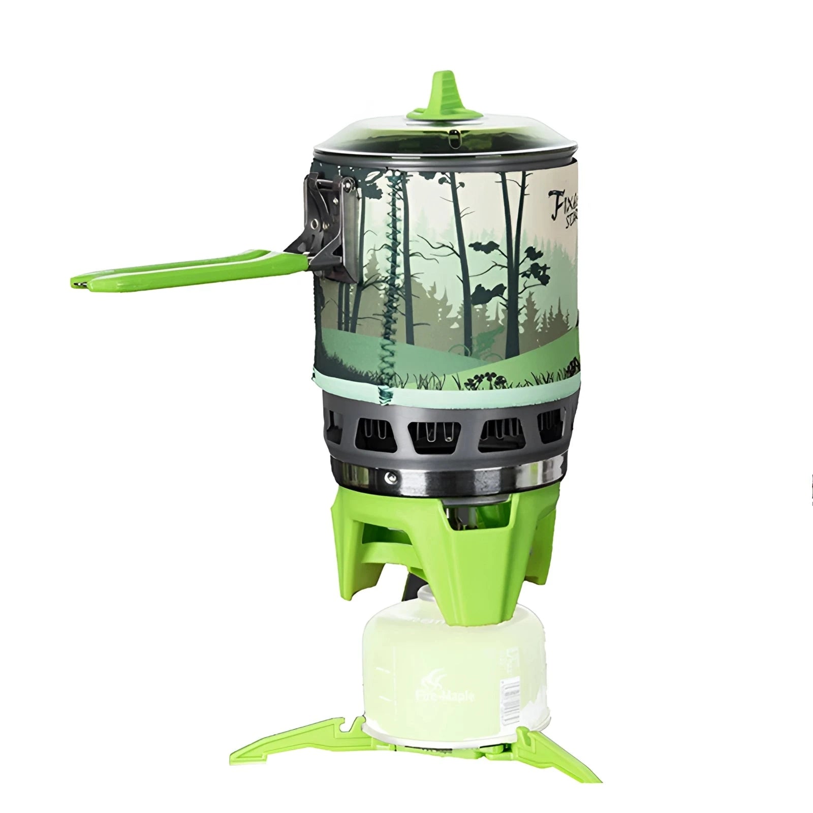 Lightweight windproof camping stove system with a gas cylinder, designed for outdoor cooking and protection from wind.