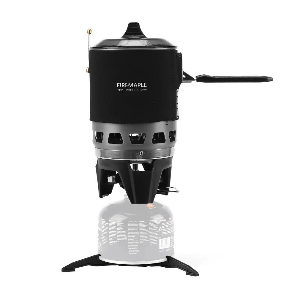 
A black Fire-Maple X3 lightweight windproof camping stove system with a durable metal construction, designed for outdoor cooking and camping, featuring a compact and portable design.