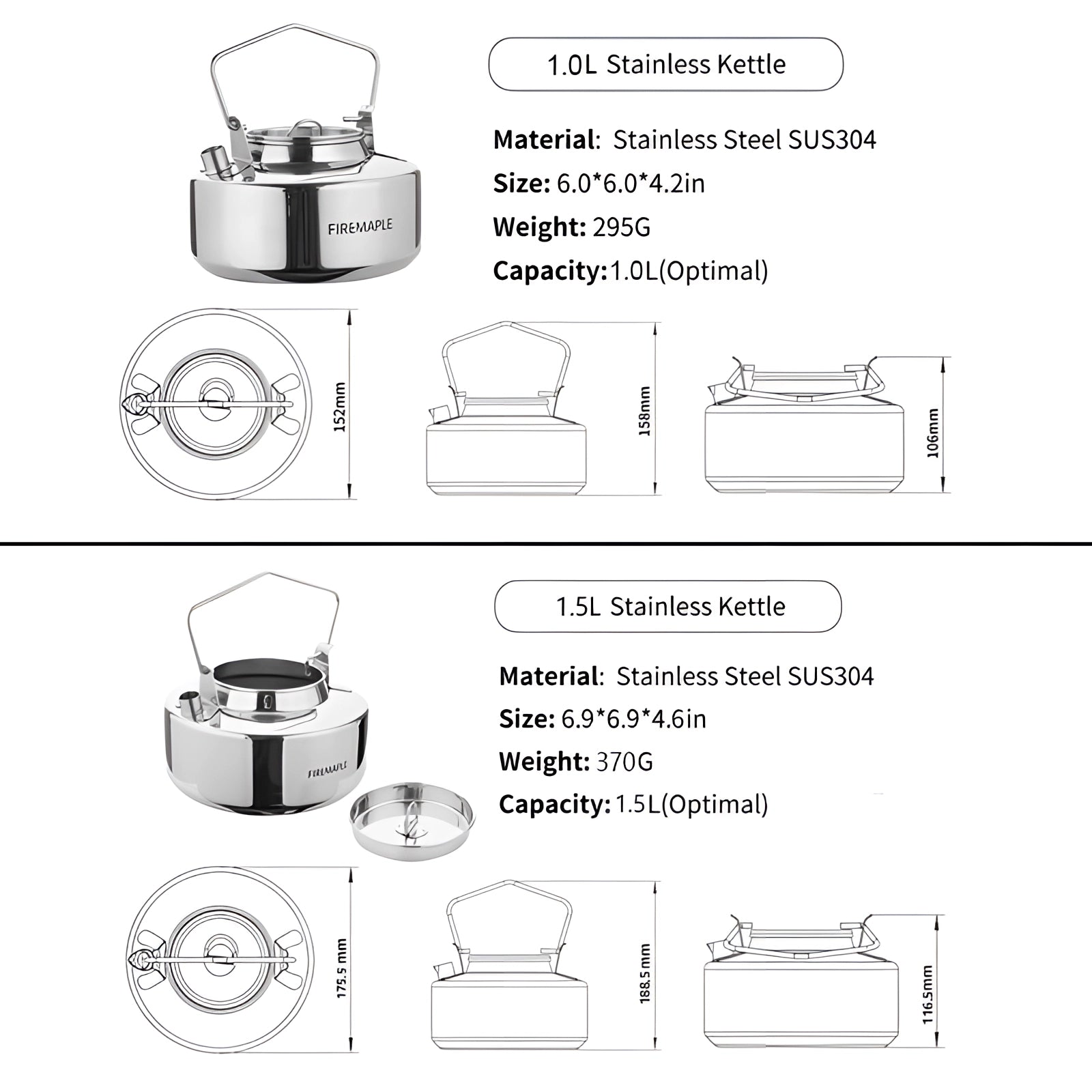 Firemaple Antarcti Stainless Steel Camping Kettle, durable 1-liter capacity, featuring a sleek, circular design suitable for outdoor and kitchen use.